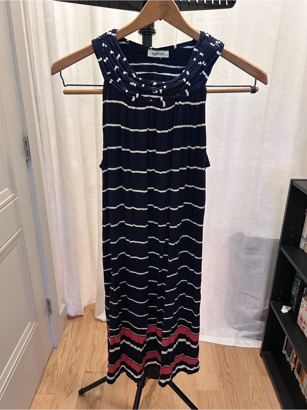 Max Studio Navy and White Striped Maxi Dress with Red Hem